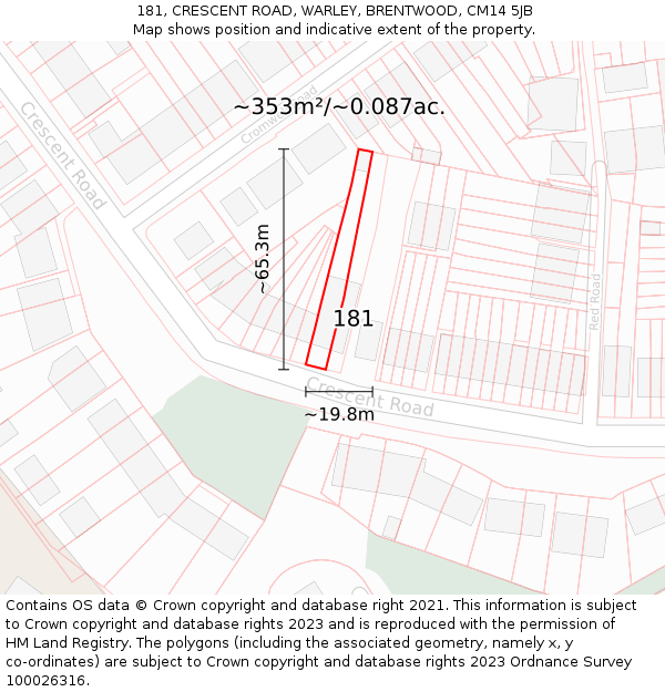 181, CRESCENT ROAD, WARLEY, BRENTWOOD, CM14 5JB: Plot and title map