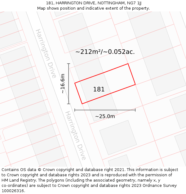 181, HARRINGTON DRIVE, NOTTINGHAM, NG7 1JJ: Plot and title map