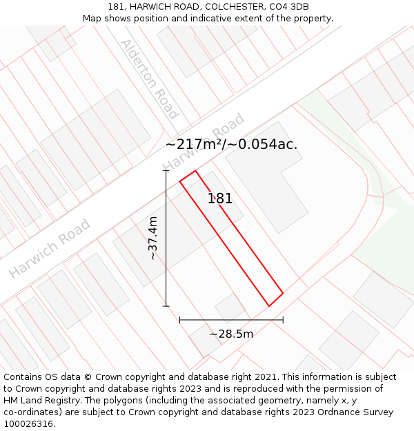 181, HARWICH ROAD, COLCHESTER, CO4 3DB: Plot and title map