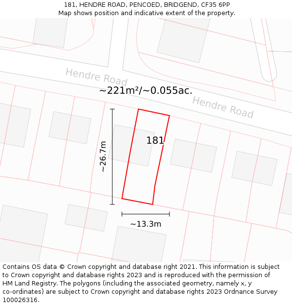 181, HENDRE ROAD, PENCOED, BRIDGEND, CF35 6PP: Plot and title map