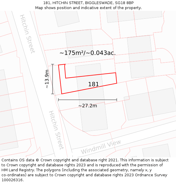 181, HITCHIN STREET, BIGGLESWADE, SG18 8BP: Plot and title map
