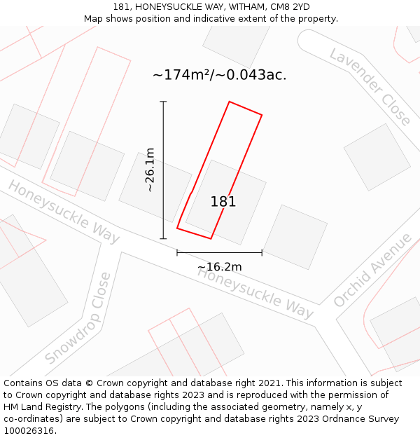 181, HONEYSUCKLE WAY, WITHAM, CM8 2YD: Plot and title map