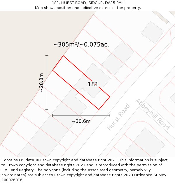 181, HURST ROAD, SIDCUP, DA15 9AH: Plot and title map