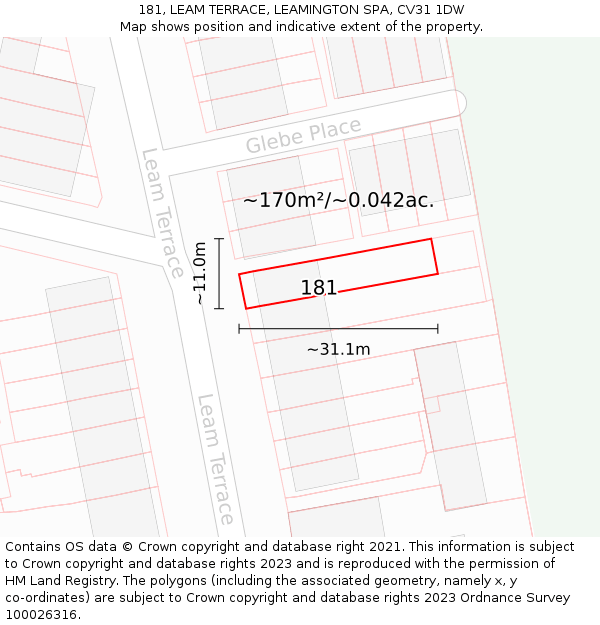181, LEAM TERRACE, LEAMINGTON SPA, CV31 1DW: Plot and title map