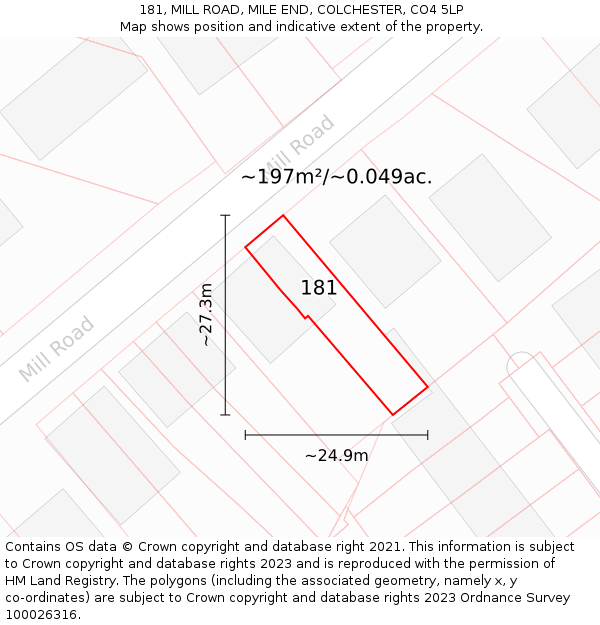 181, MILL ROAD, MILE END, COLCHESTER, CO4 5LP: Plot and title map