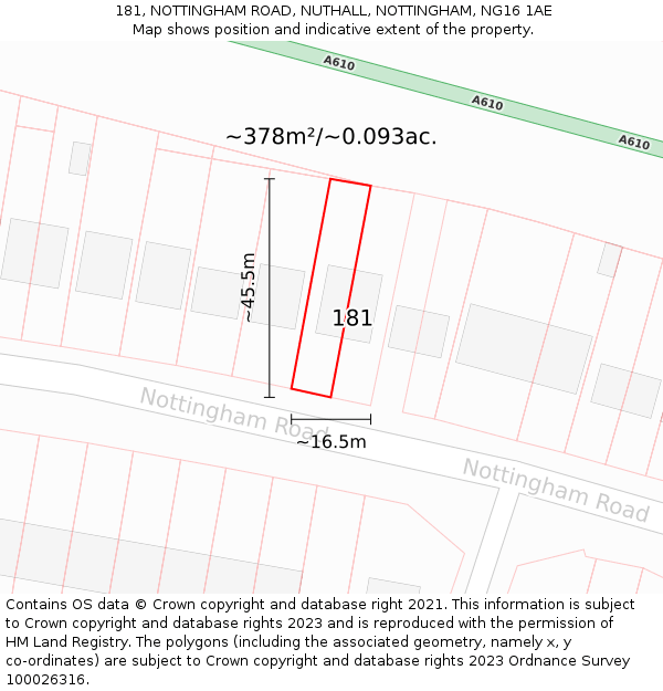 181, NOTTINGHAM ROAD, NUTHALL, NOTTINGHAM, NG16 1AE: Plot and title map