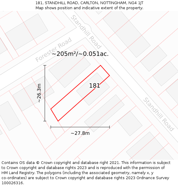 181, STANDHILL ROAD, CARLTON, NOTTINGHAM, NG4 1JT: Plot and title map