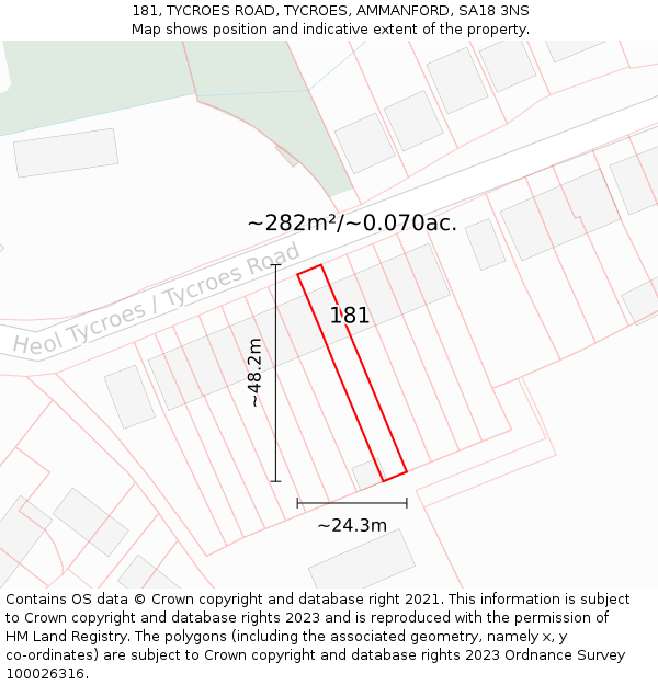 181, TYCROES ROAD, TYCROES, AMMANFORD, SA18 3NS: Plot and title map