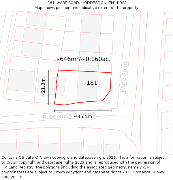 181, WARE ROAD, HODDESDON, EN11 9AF: Plot and title map