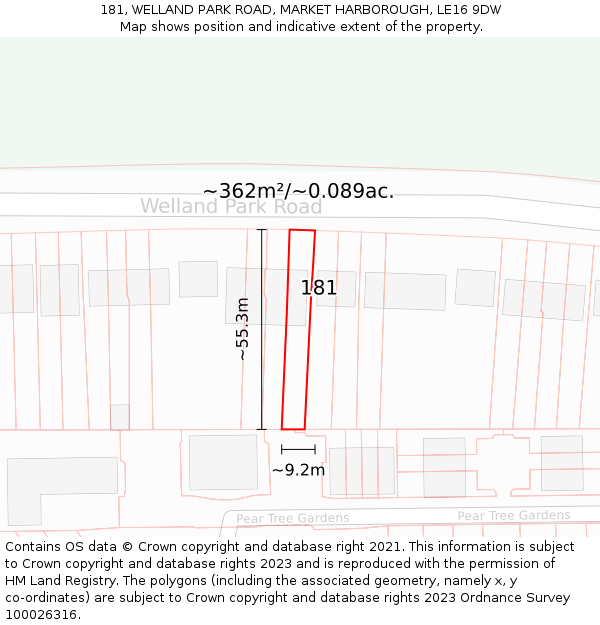 181, WELLAND PARK ROAD, MARKET HARBOROUGH, LE16 9DW: Plot and title map