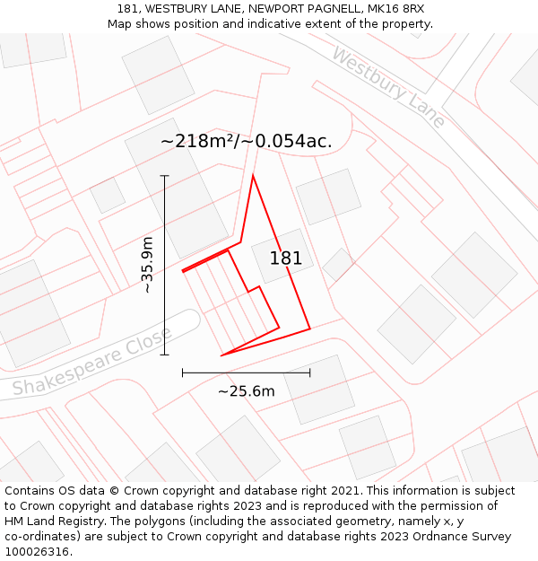 181, WESTBURY LANE, NEWPORT PAGNELL, MK16 8RX: Plot and title map
