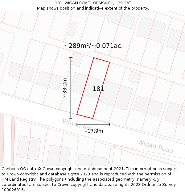 181, WIGAN ROAD, ORMSKIRK, L39 2AT: Plot and title map