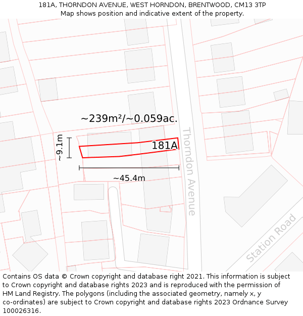 181A, THORNDON AVENUE, WEST HORNDON, BRENTWOOD, CM13 3TP: Plot and title map