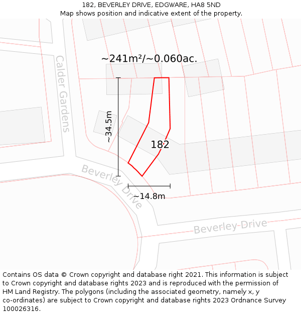 182, BEVERLEY DRIVE, EDGWARE, HA8 5ND: Plot and title map