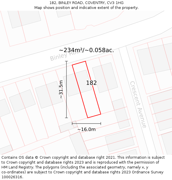 182, BINLEY ROAD, COVENTRY, CV3 1HG: Plot and title map