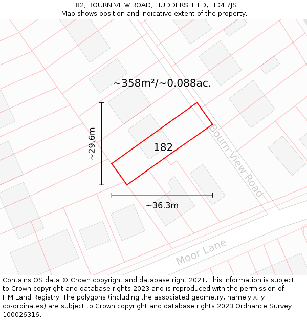 182, BOURN VIEW ROAD, HUDDERSFIELD, HD4 7JS: Plot and title map