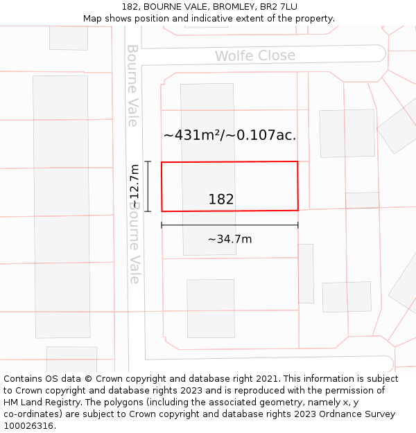182, BOURNE VALE, BROMLEY, BR2 7LU: Plot and title map