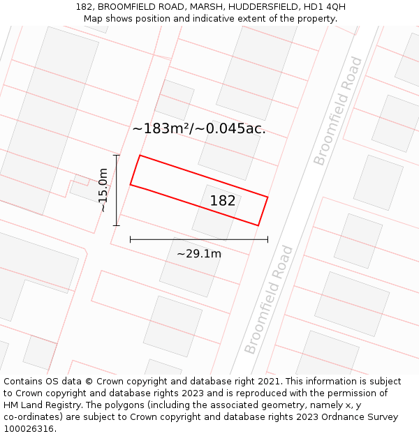 182, BROOMFIELD ROAD, MARSH, HUDDERSFIELD, HD1 4QH: Plot and title map