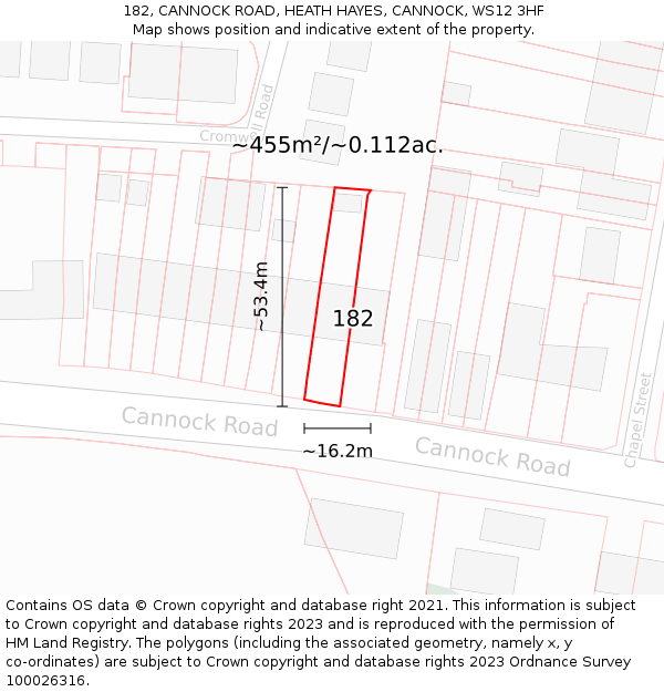 182, CANNOCK ROAD, HEATH HAYES, CANNOCK, WS12 3HF: Plot and title map