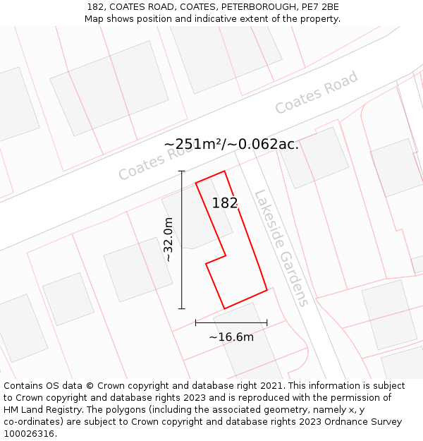 182, COATES ROAD, COATES, PETERBOROUGH, PE7 2BE: Plot and title map