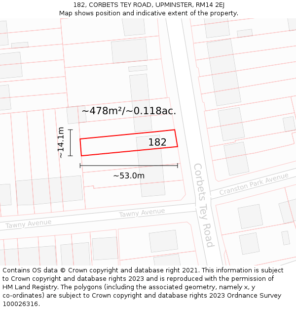 182, CORBETS TEY ROAD, UPMINSTER, RM14 2EJ: Plot and title map