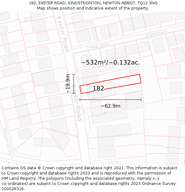 182, EXETER ROAD, KINGSTEIGNTON, NEWTON ABBOT, TQ12 3NG: Plot and title map