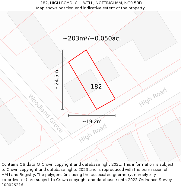 182, HIGH ROAD, CHILWELL, NOTTINGHAM, NG9 5BB: Plot and title map