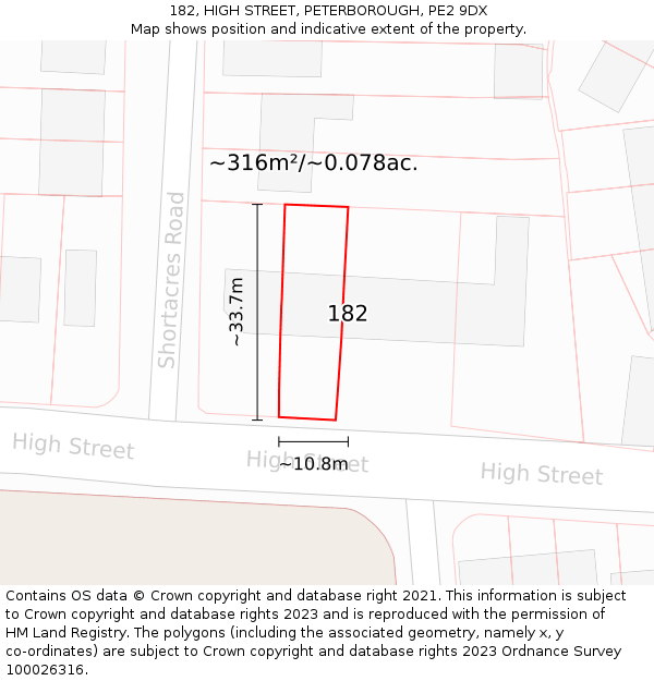 182, HIGH STREET, PETERBOROUGH, PE2 9DX: Plot and title map