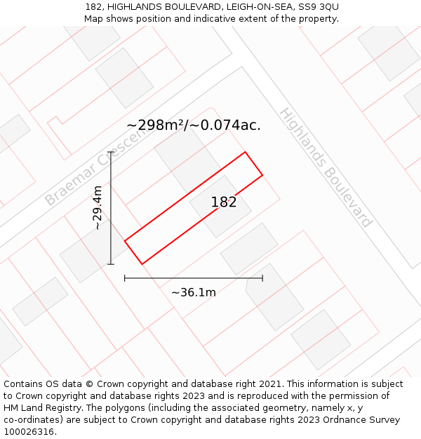 182, HIGHLANDS BOULEVARD, LEIGH-ON-SEA, SS9 3QU: Plot and title map