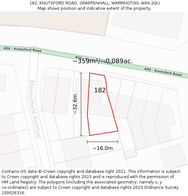 182, KNUTSFORD ROAD, GRAPPENHALL, WARRINGTON, WA4 2QU: Plot and title map