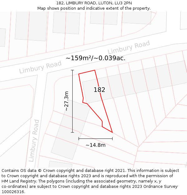 182, LIMBURY ROAD, LUTON, LU3 2PN: Plot and title map