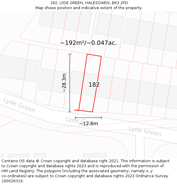 182, LYDE GREEN, HALESOWEN, B63 2PD: Plot and title map