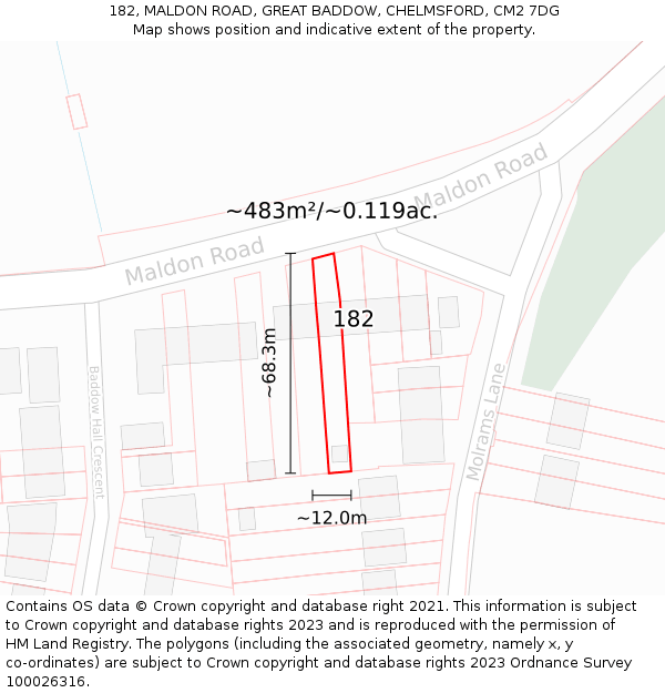 182, MALDON ROAD, GREAT BADDOW, CHELMSFORD, CM2 7DG: Plot and title map