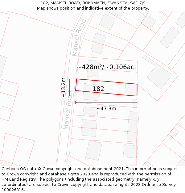 182, MANSEL ROAD, BONYMAEN, SWANSEA, SA1 7JS: Plot and title map