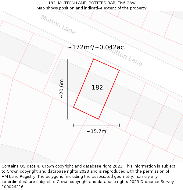 182, MUTTON LANE, POTTERS BAR, EN6 2AW: Plot and title map