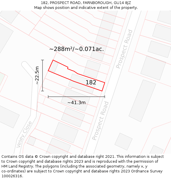 182, PROSPECT ROAD, FARNBOROUGH, GU14 8JZ: Plot and title map