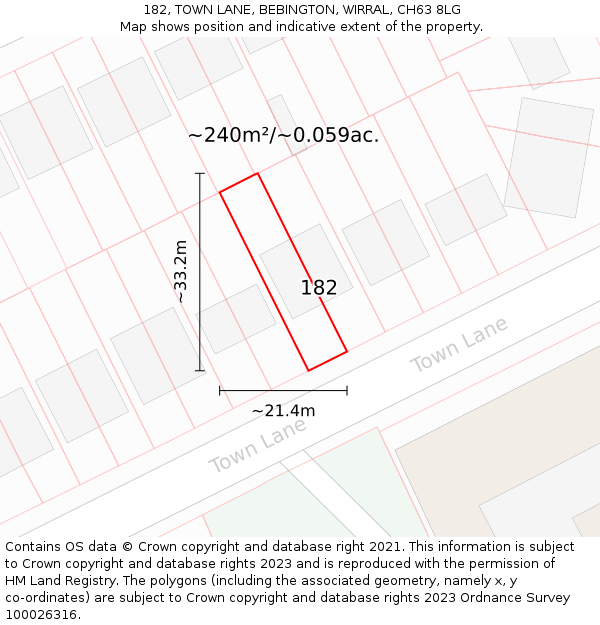 182, TOWN LANE, BEBINGTON, WIRRAL, CH63 8LG: Plot and title map