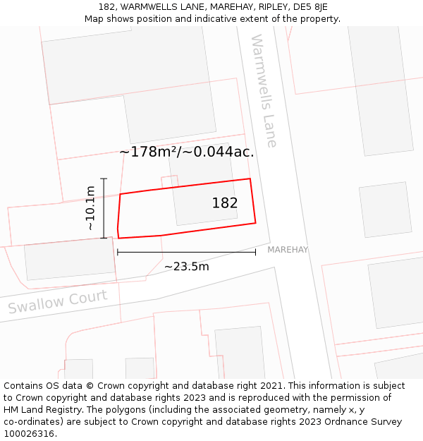 182, WARMWELLS LANE, MAREHAY, RIPLEY, DE5 8JE: Plot and title map