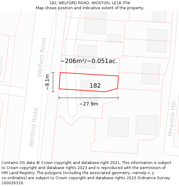 182, WELFORD ROAD, WIGSTON, LE18 3TW: Plot and title map