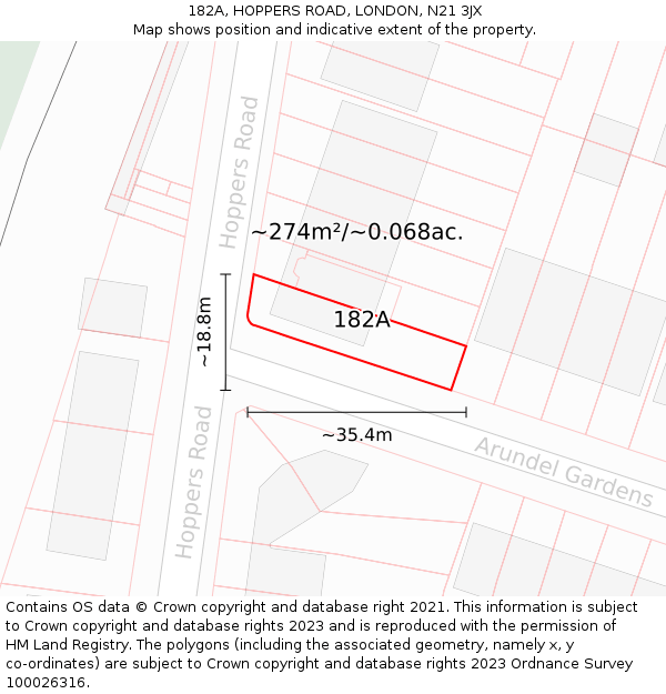 182A, HOPPERS ROAD, LONDON, N21 3JX: Plot and title map