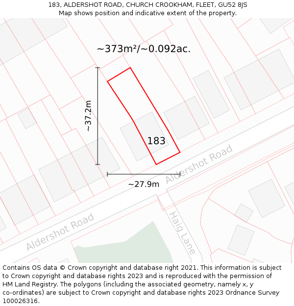 183, ALDERSHOT ROAD, CHURCH CROOKHAM, FLEET, GU52 8JS: Plot and title map