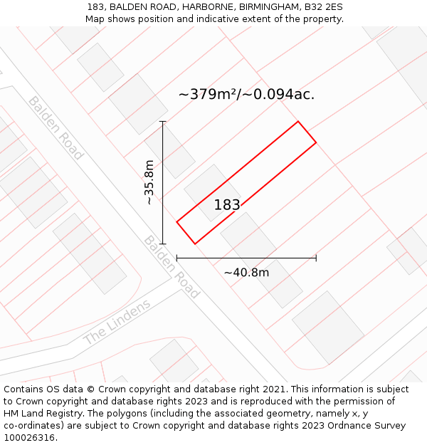 183, BALDEN ROAD, HARBORNE, BIRMINGHAM, B32 2ES: Plot and title map