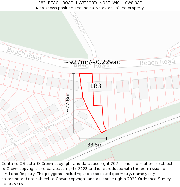 183, BEACH ROAD, HARTFORD, NORTHWICH, CW8 3AD: Plot and title map