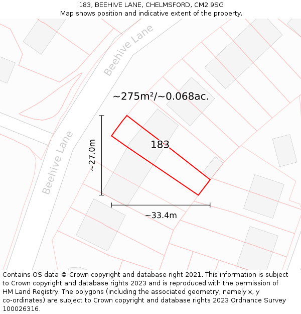 183, BEEHIVE LANE, CHELMSFORD, CM2 9SG: Plot and title map