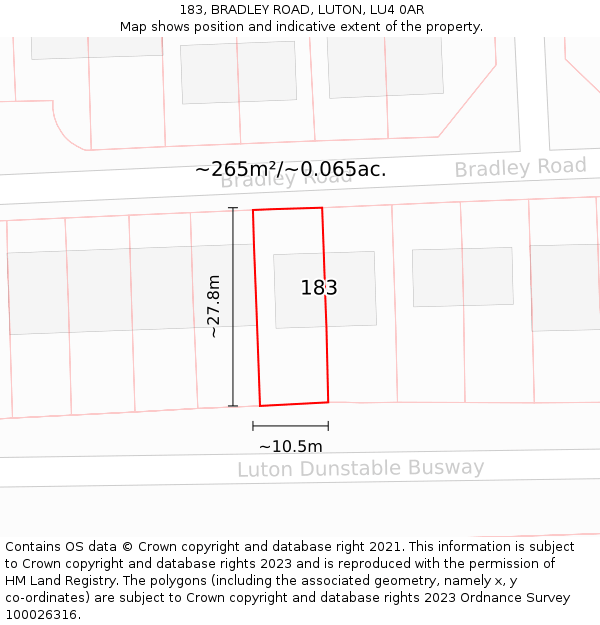 183, BRADLEY ROAD, LUTON, LU4 0AR: Plot and title map