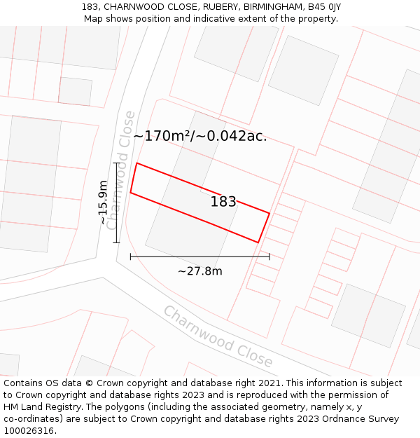 183, CHARNWOOD CLOSE, RUBERY, BIRMINGHAM, B45 0JY: Plot and title map