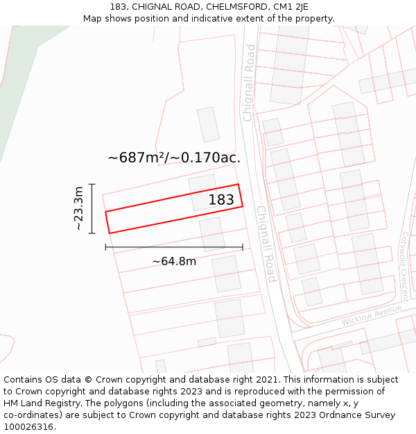 183, CHIGNAL ROAD, CHELMSFORD, CM1 2JE: Plot and title map