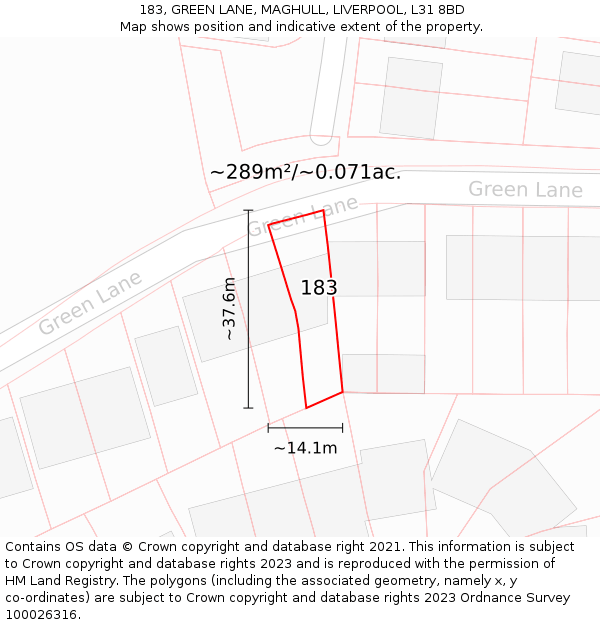 183, GREEN LANE, MAGHULL, LIVERPOOL, L31 8BD: Plot and title map