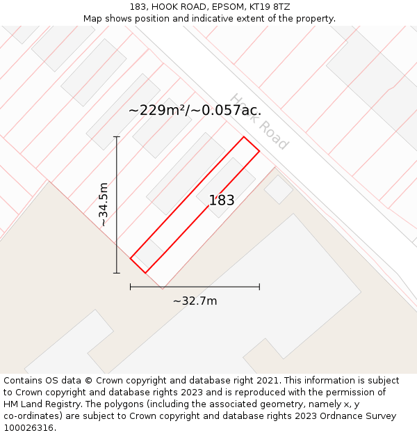 183, HOOK ROAD, EPSOM, KT19 8TZ: Plot and title map