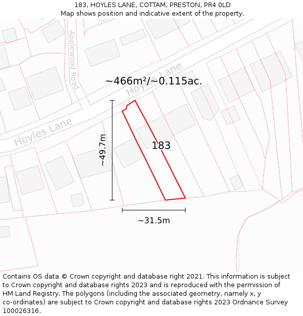 183, HOYLES LANE, COTTAM, PRESTON, PR4 0LD: Plot and title map